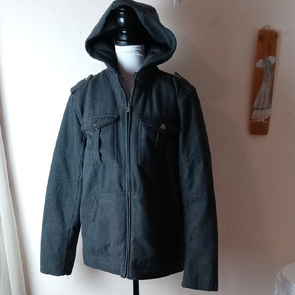 Black Men's Dark Gray Hooded Military Jacket